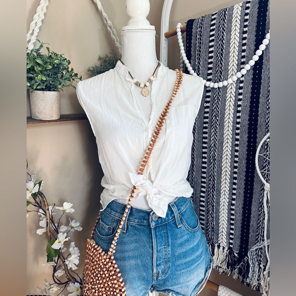 Burning Torch Bohemian White Button Down Sleeveless Oversized Pocket Blouse